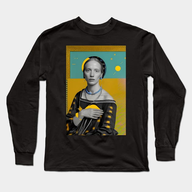 Renaissance Surrealism Painting of a Lady in Blue and Yellow Long Sleeve T-Shirt by Bootyfreeze